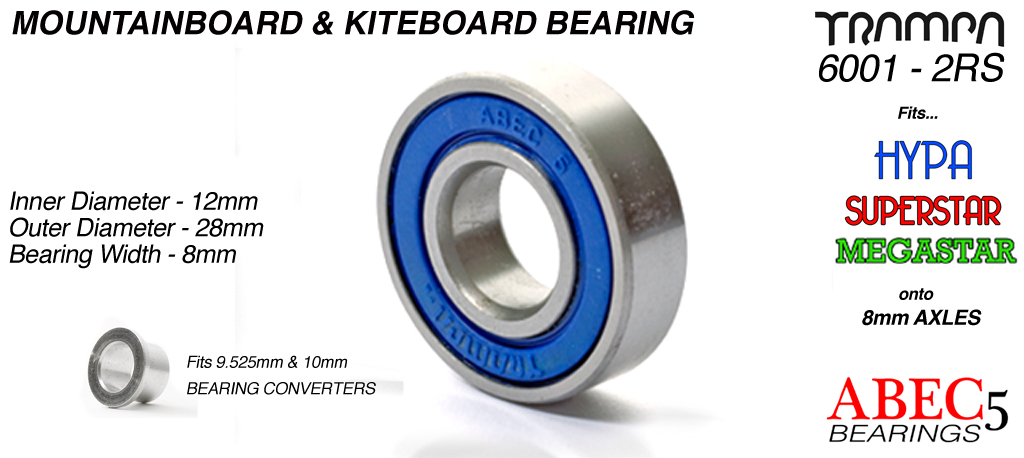 12mm Bearing for TRAMPA All Terrain Boards 12x 28x 8mm with BLUE sidewalls & Embossed TRAMPA Logo ABEC 5 6001 2RS 