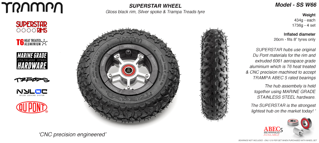 Superstar 8 inch wheel - Gloss Black Rim with Silver Anodised spokes & Black Striker 8 Inch Tyres