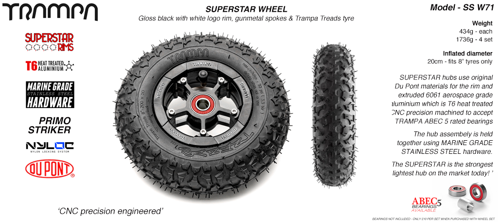 Superstar 8 inch wheel - Black Gloss Rim with Black Anodised spokes & TRAMPA TREAD 8 Inch Tyre