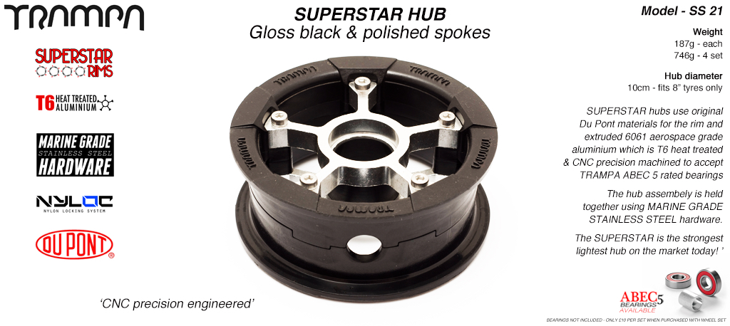 SUPERSTAR Hub 3.75 x 2 Inch - Black Rim with Silver anodised Spokes & Marine Grade Stainless Steel Bolt kit
