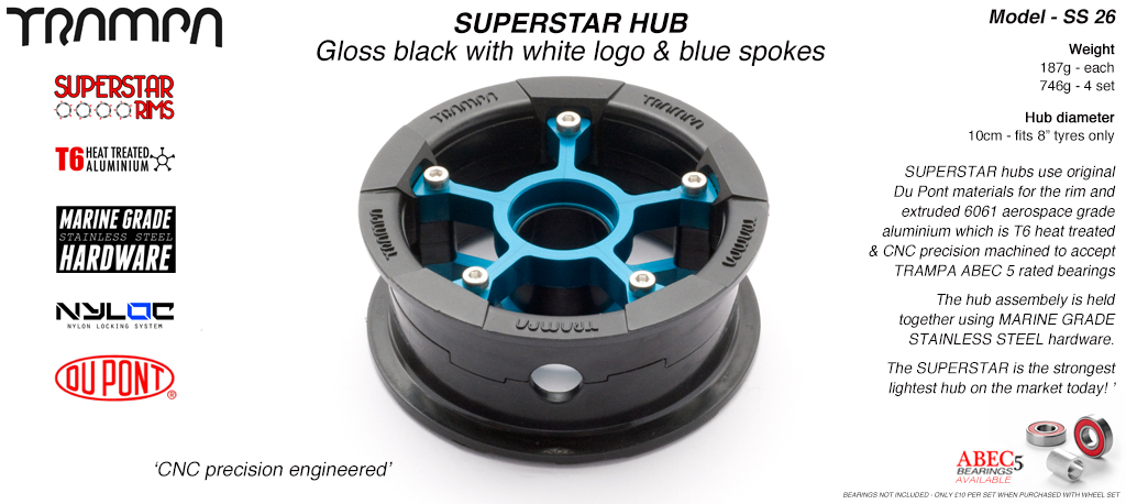 SUPERSTAR Hub 3.75 x 2 Inch - Matt Black Rim with Blue anodised Spokes & Marine Grade Stainless Steel Bolt kit