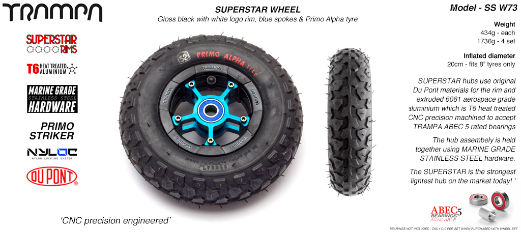 Superstar 8 inch wheel - Black Gloss Rim with Blue Anodised spokes & Black Alpha 8 Inch Tyre