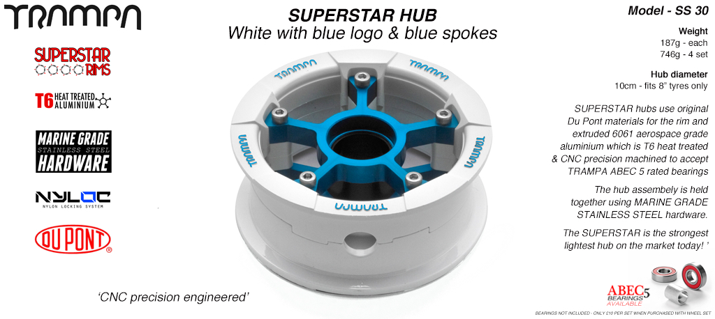 SUPERSTAR Hub 3.75 x 2 Inch - White Gloss & Blue logo Rim with Blue annodized Spokes & Marine Grade Stainless Steel Bolt kit