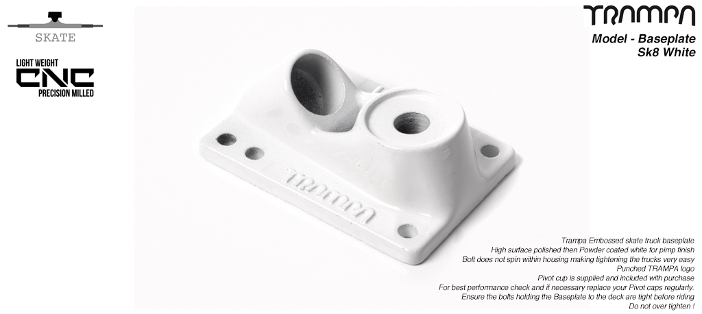 Skate Truck Baseplate - Trampa embossed, Bead polished & Powder coated - WHITE