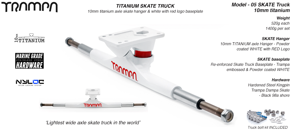 Super light weight TITANIUM Axle Skate Truck - Powder coated White RED Logo