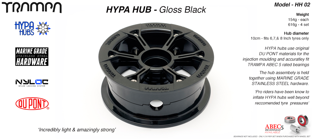Gloss BLACK HYPA HUB & fixings 3.75 x 2 inch - Including Marine Grade Stainless Steel Nuts & Bolts fits upto 8 Inch Wheels 