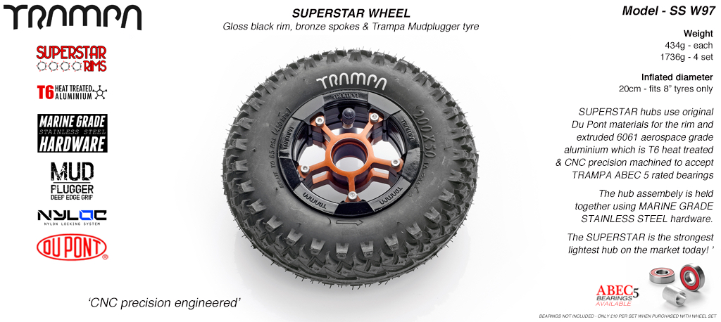 Superstar 8 inch wheel -  Black Gloss Rim Bronze Anodised Spokes & Mud Plugger 8 Inch Tyre