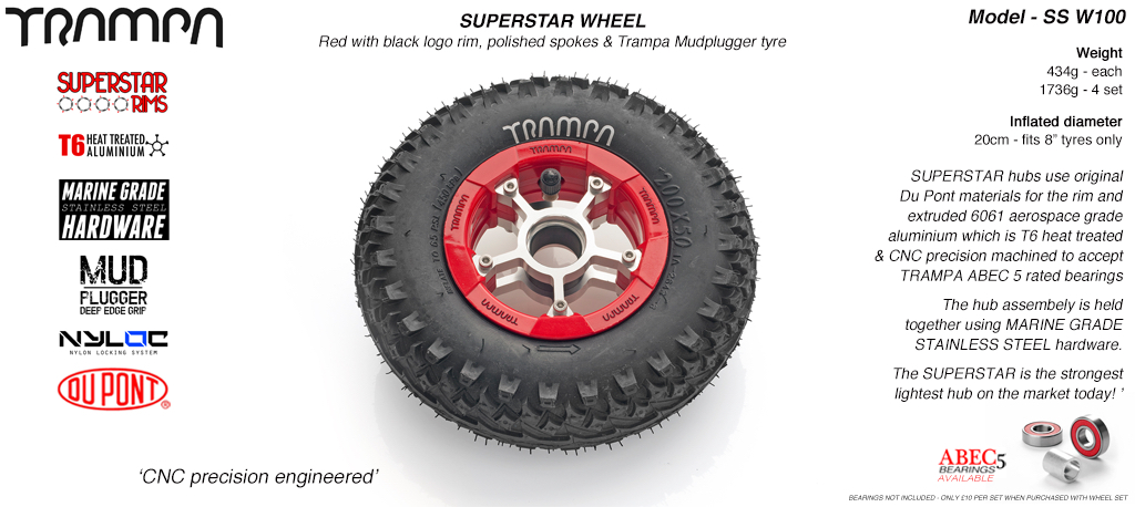 Superstar 8 inch wheels -  Red Gloss & Black Logo Rim Silver anodised Spokes & Mud Plugger 8 Inch Tyre