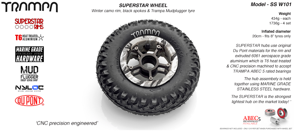 Superstar 8 inch wheels -  Winter Camo Rim Black Spokes & Mud Plugger 8 Inch Tyre