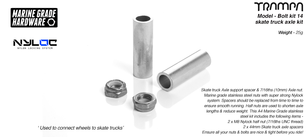 9.525mm Skate Truck Axle re-fresh kit - 9.525 x 13.525 x 44mm Long Spacer with 3/8ths Marine Grade Stainless Steel Special Axle HALF Nut