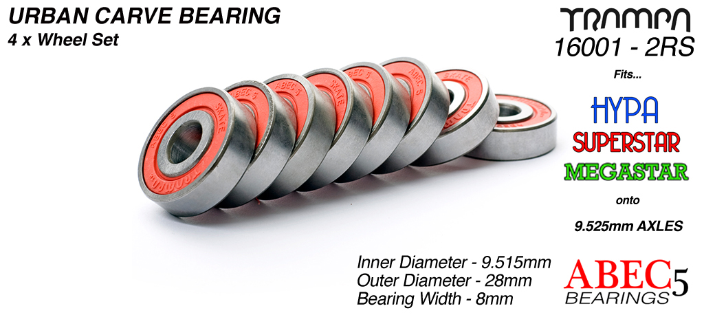 TRAMPA Bearings 9.525mm axle ABEC 5 rated RED - Set of 8
