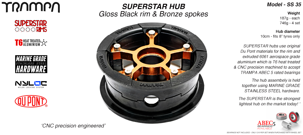 SUPERSTAR Hub 3.75 x 2 Inch - Black Rim with Bronze anodised Spokes & Marine Grade Stainless Steel Bolt kit 