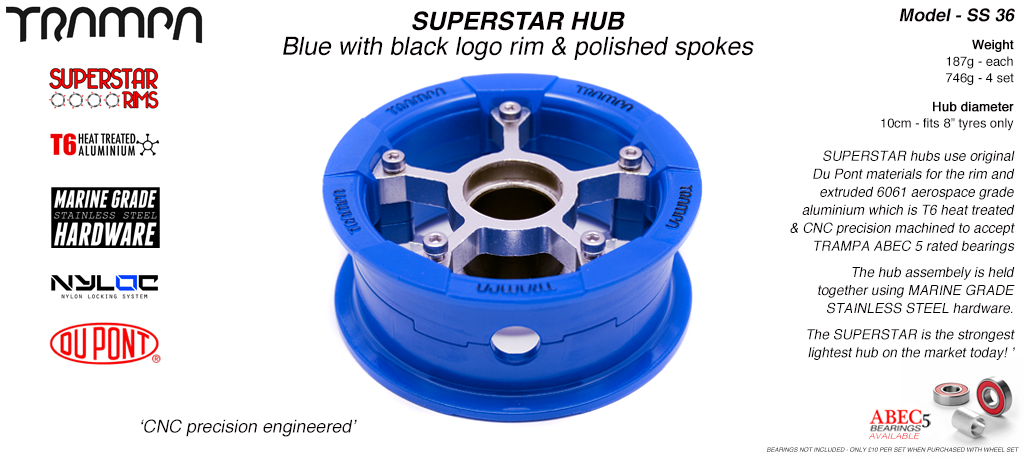 SUPERSTAR Hub 3.75 x 2 Inch - Blue Gloss & White logo Rim with Silver anodised Spokes & Marine Grade Stainless Steel Bolt kit