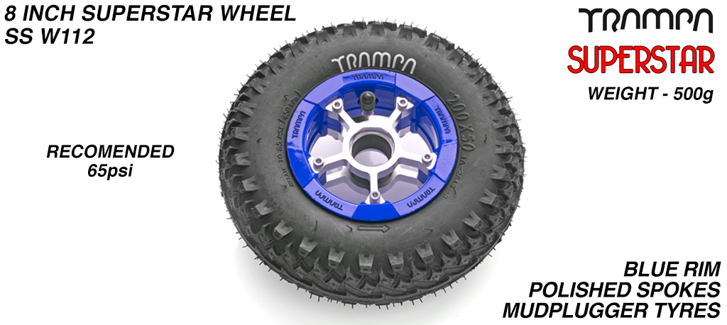 Superstar 8 inch wheels -  Blue & Black Logo Rim Silver Anodised spokes & Black MudPlugger 8 inch Tyre