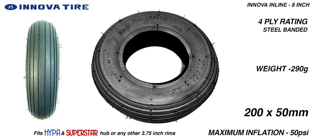 INNOVA INLINE 8 Inch Tyre measure 3.75x 2x 8 Inch or 200x50mm with 3.75 inch Rim fits all 3.75 inch Hubs - BLACK