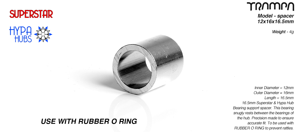 Internal Bearing support spacer used with 10mm O-RIng on 12mm axles - 12 x 16 x 16.5mm - LATHED 