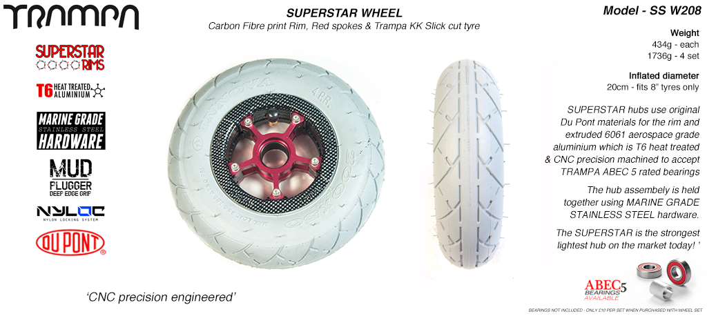 Superstar 8 inch wheels -  Gloss White Rim with Black Anodised spokes & Grey SLICK KK 8 inch Tyre