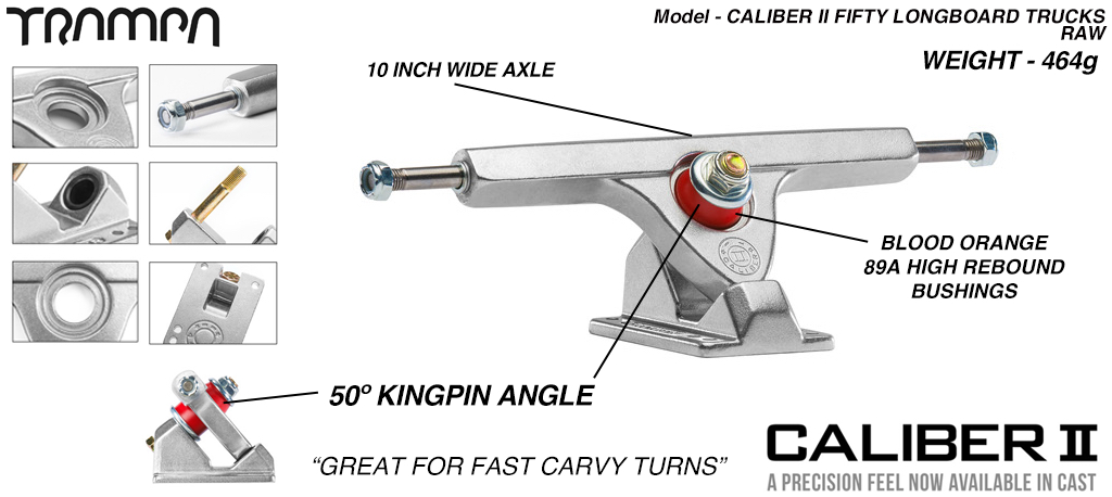 CALIBER II Longboard Trucks - 10 Inch Wide with a 50º Baseplate mount for fast Carvy turns - RAW