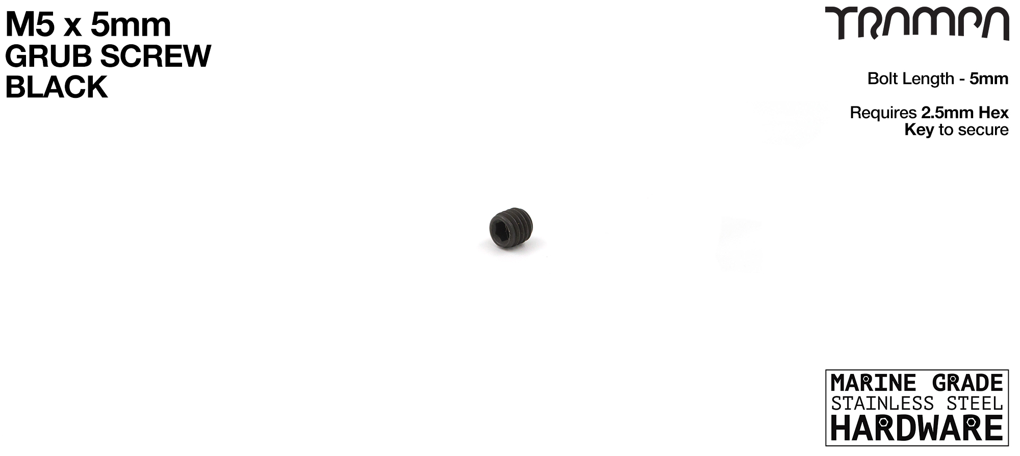 M5 x 5mm Black Steel Grub Screw Marine Grade Stainless Steel - Connects into Motor Mount to give Axle position on Mountainboards 