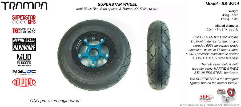 Superstar 8 inch wheels - Matt Black Superstar Rim with Blue Anodised spokes & Black SLICK cut 8 inch Tyre