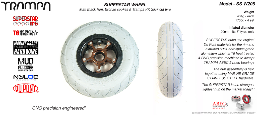 Superstar 8 inch wheels - Matt Black Superstar Rim with Bronze Anodised spokes & Grey SLICK cut 8 inch Tyre