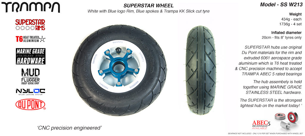 Superstar 8 inch wheels - Gloss White Superstar Rim with Blue Anodised spokes & Black SLICK cut 8 inch Tyre