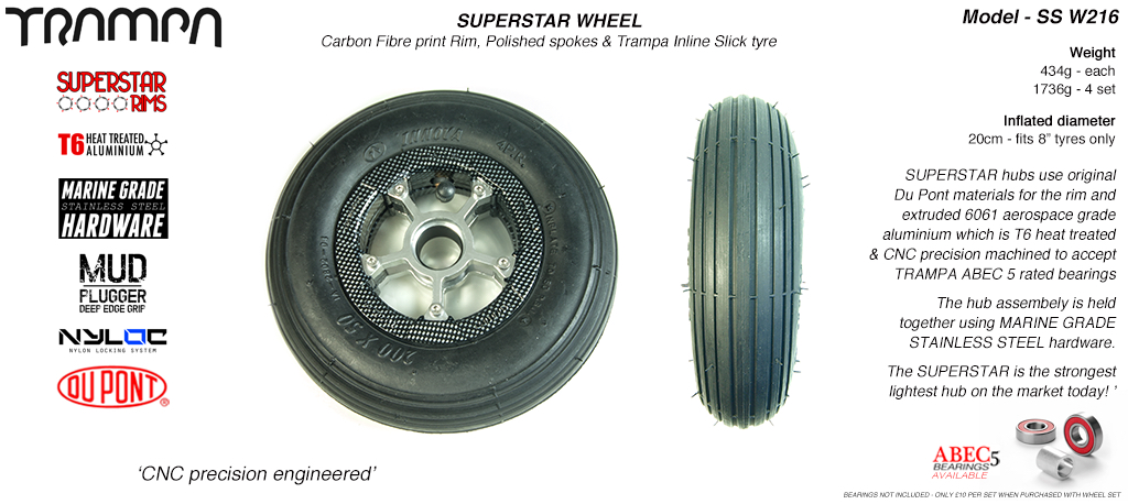 Superstar 8 inch wheels - Carbon Print Superstar Rim with Silver Anodised spokes & Black Slick Cut 8 inch Tyre