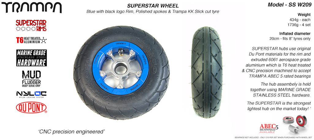 Superstar 8 inch wheels - Blue Gloss Black Logo Superstar Rim with Silver Anodised spokes & Black Slick Cut 8 inch Tyre