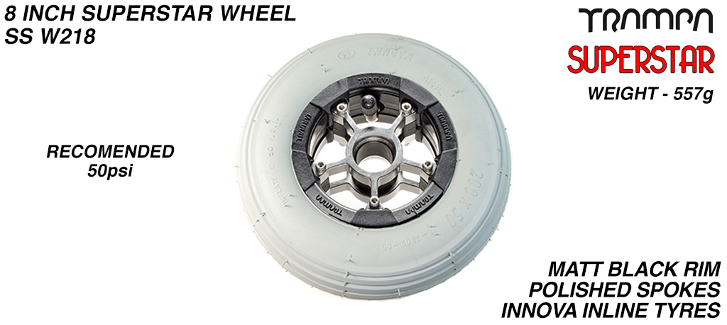 Superstar 8 Inch Wheel - Matt Black Superstar Rim Red Anodised Spokes & Black 8 Inch Inline Tyre