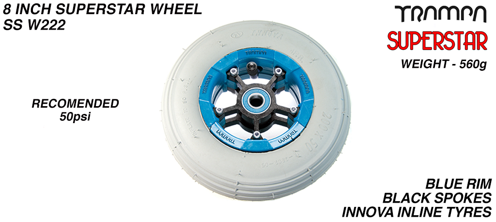 Superstar 8 Inch Wheel - Blue Superstar Rim Black Anodised Spokes & Grey 8 Inch Inline Tyre (COPY)