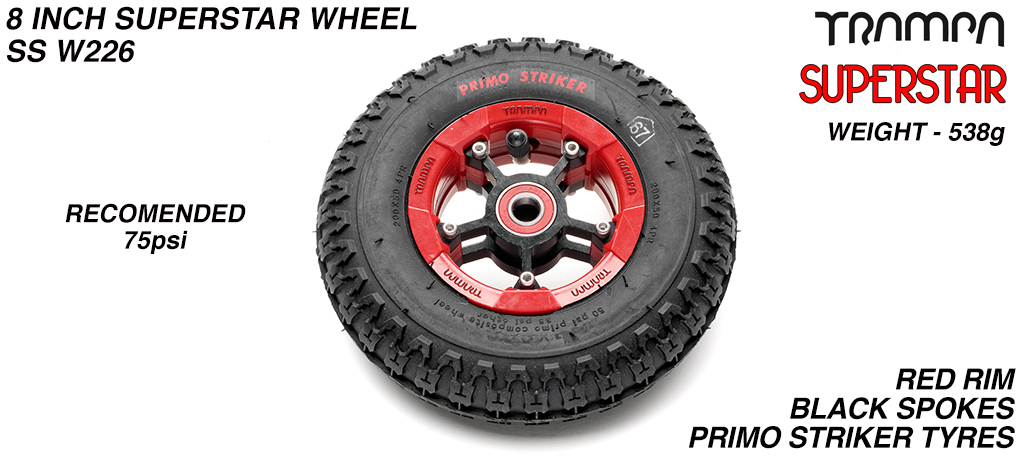 Superstar 8 Inch Wheel - Red Superstar Rim Black Anodised Spokes & Primo Striker 8 Inch Tyre 