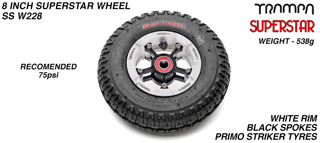 Superstar 8 Inch Wheel - White Superstar Rim Black Anodised Spokes & Primo Striker 8 Inch Tyre