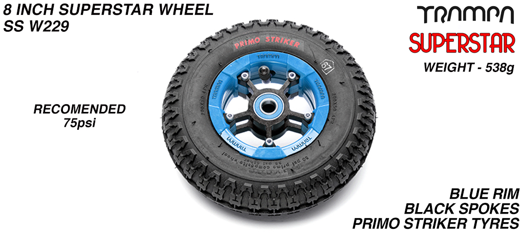 Superstar 8 Inch Wheel - Blue Superstar Rim Black Anodised Spokes & Primo Striker 8 Inch Tyre 