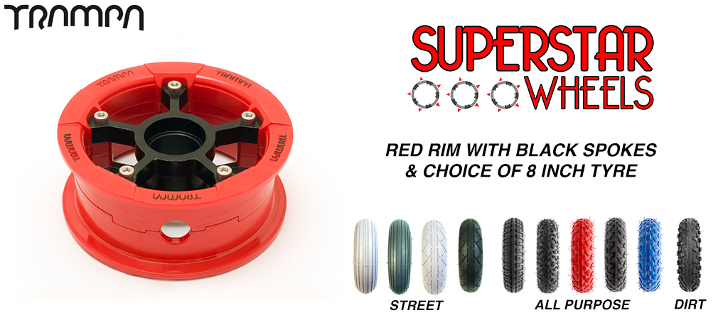 Superstar 8 inch wheel - RED Gloss rim BLACK spoke CUSTOM Tyre 8 INCH WHEEL 