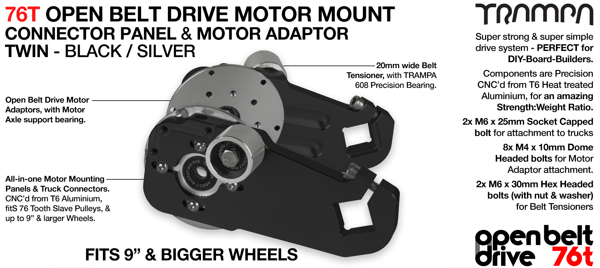 76T Open Belt Drive Motor Mount & Motor Adaptor - TWIN BLACK