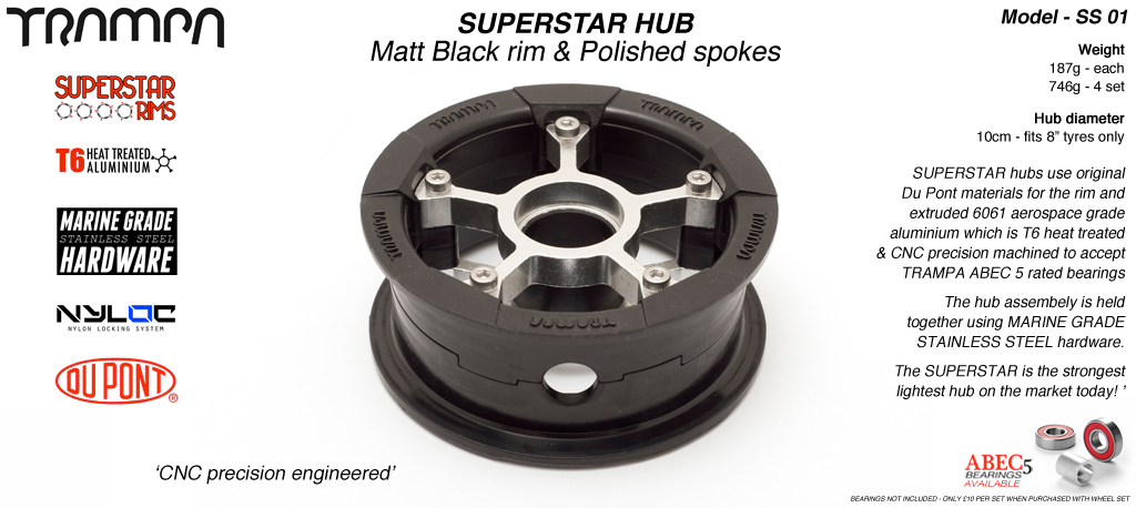 SUPERSTAR Hub 3.75 x 2 Inch - Matt Black Rim with Silver anodised Spokes & Marine Grade Stainless Steel Bolt kit