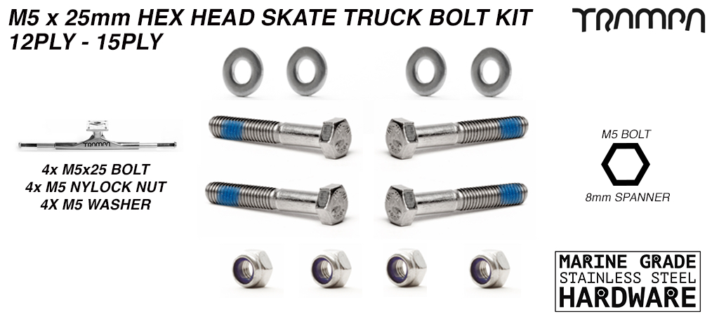M5 x 25mm Marne Grade Stainless Steel SKATE Truck Bolt kit - 12/15ply Decks BK02