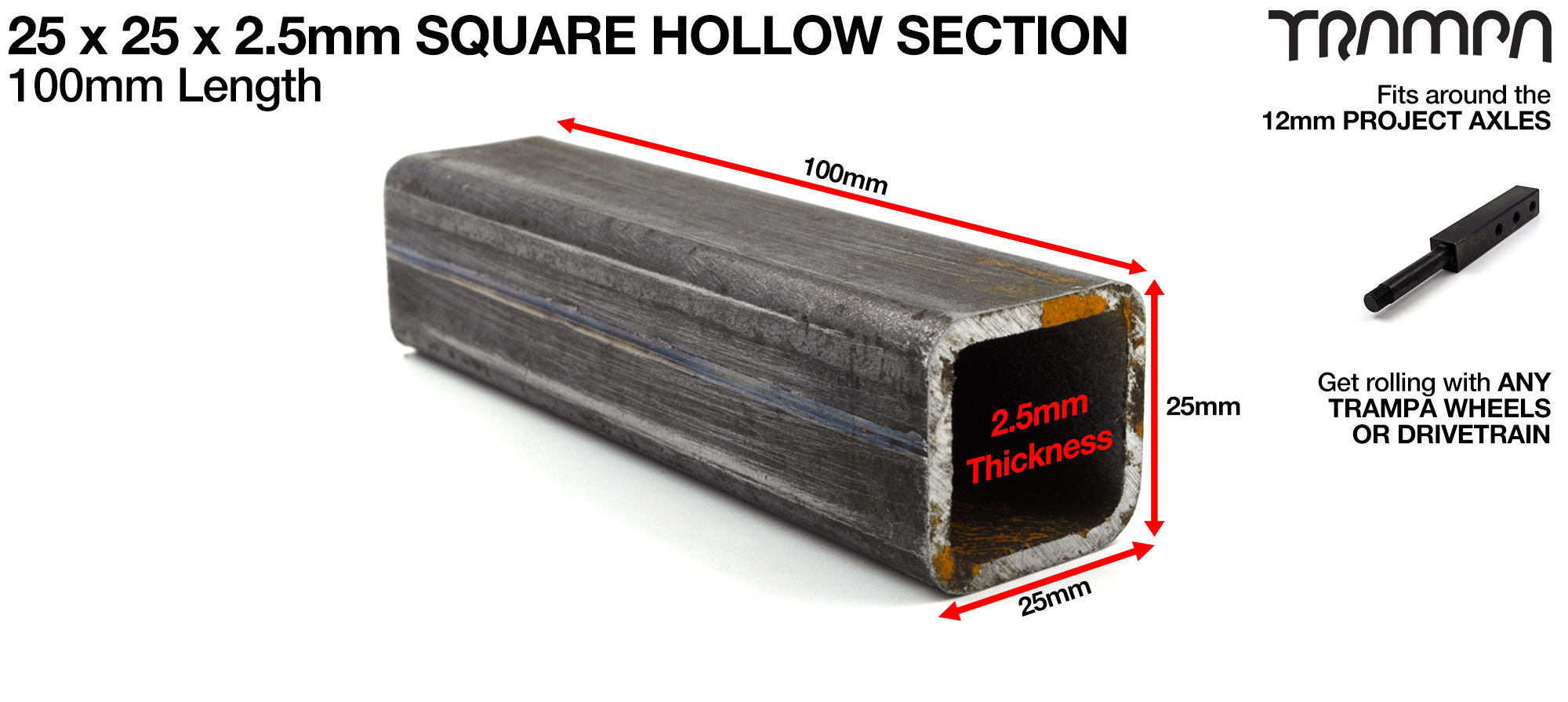 25x25x2.5mm - Mild Steel 25mm Box Section sold in 10cm Lengths - select in dropdown Below the length you want