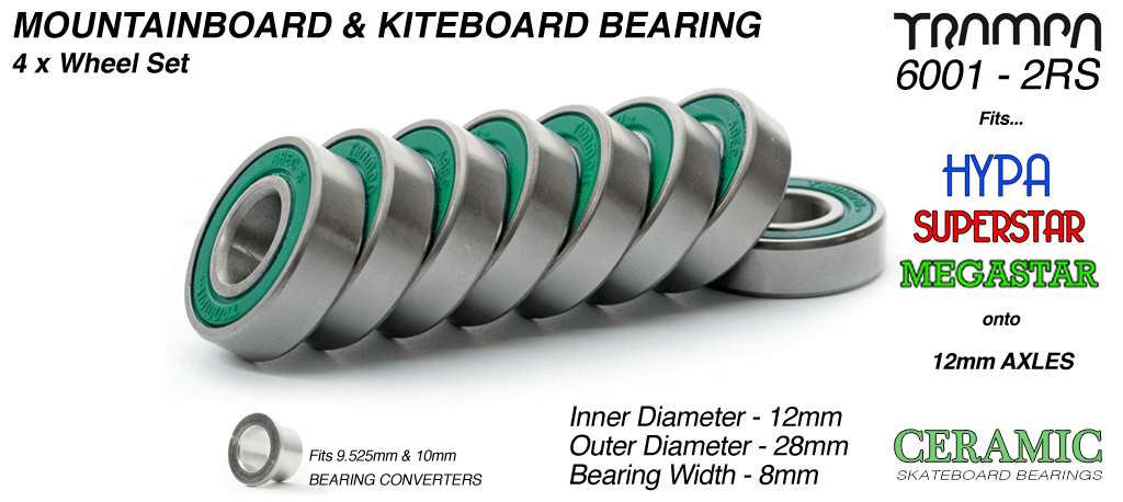 8x TRAMPA CERAMIC 6001 2RS ATB Bearings GREEN - 12mm x 28mm axle GREEN Rubber Sealed Sidewalls 