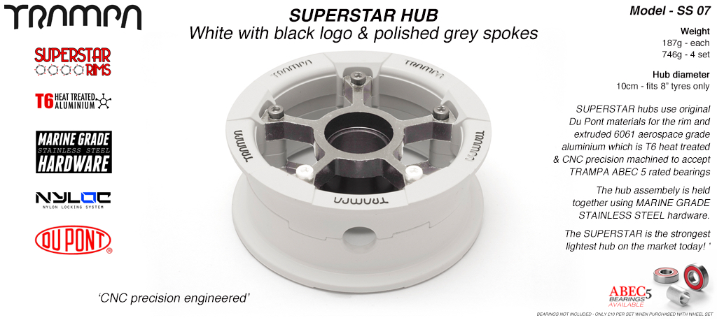 SUPERSTAR Hub 3.75 x 2 Inch - White Gloss & Black logo Rim with Silver anodised Spokes & Marine Grade Stainless Steel Bolt kit