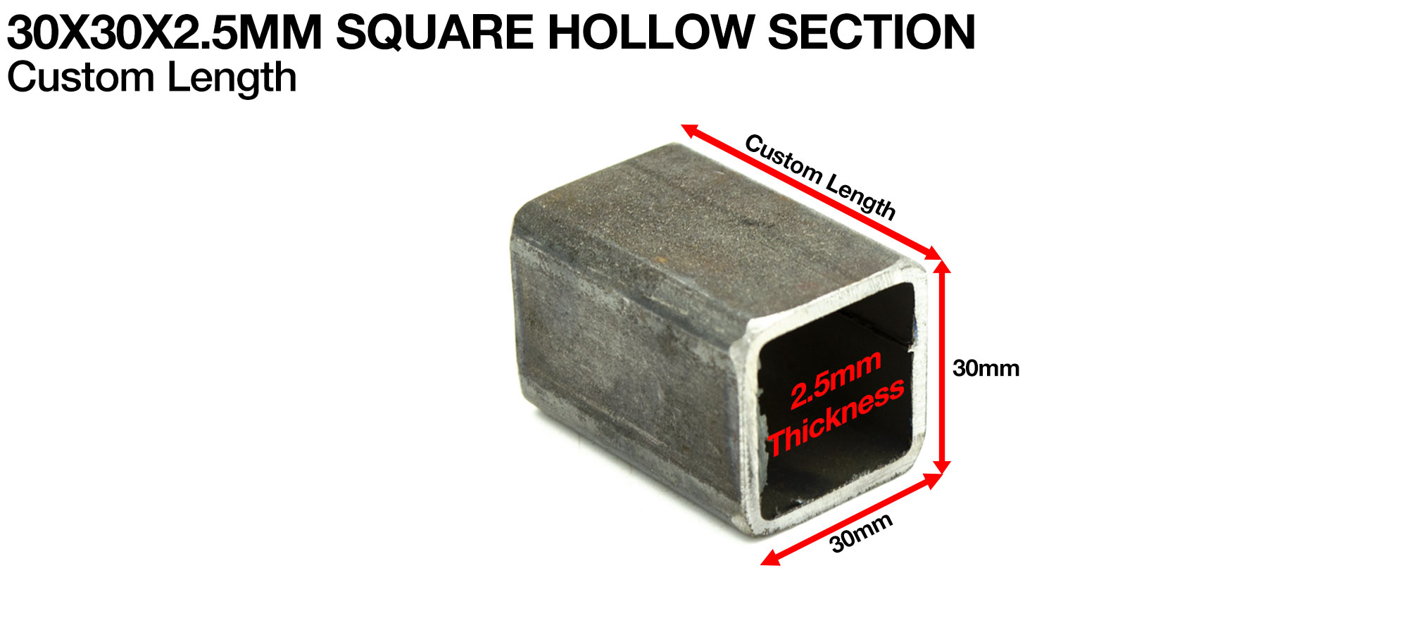 30x30x2.5mm - Mild Steel 25mm Box Section sold in 10cm Lengths - select in dropdown Below the length you want