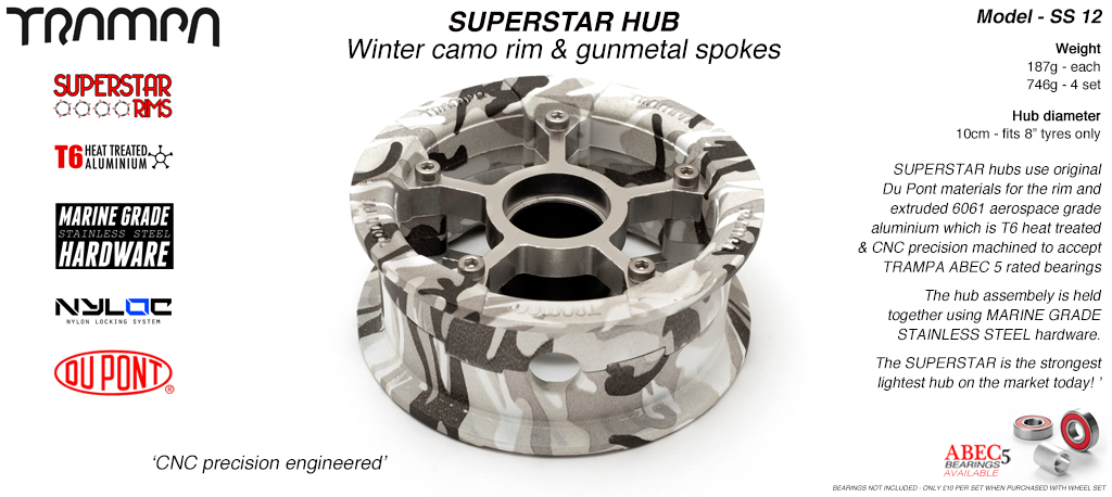 SUPERSTAR Hub 3.75 x 2 Inch - Winter Camo Rim with Gunmetal anodised Spokes & Marine Grade Stainless Steel Bolt kit