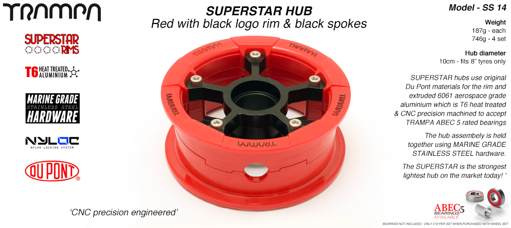 SUPERSTAR Hub 3.75 x 2 Inch - Red Gloss & Black logo Rim with Black anodised Spokes & Marine Grade Stainless Steel Bolt kit