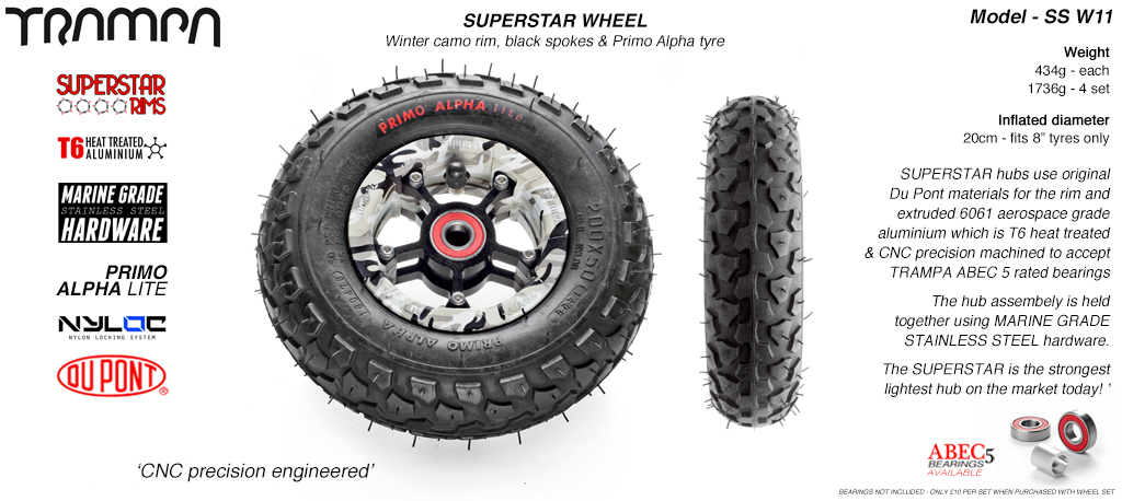 Superstar 8 inch wheel - Winter Camo Rim Black Anodised spokes & Black Alpha 8 Inch Tyres