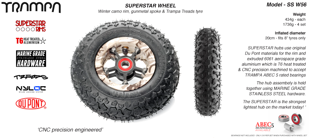 Superstar 8 inch wheel - Winter Camo Rim with with Gunmetal Anodised spokes and TRAMPA TREAD 8 Inch Tyres