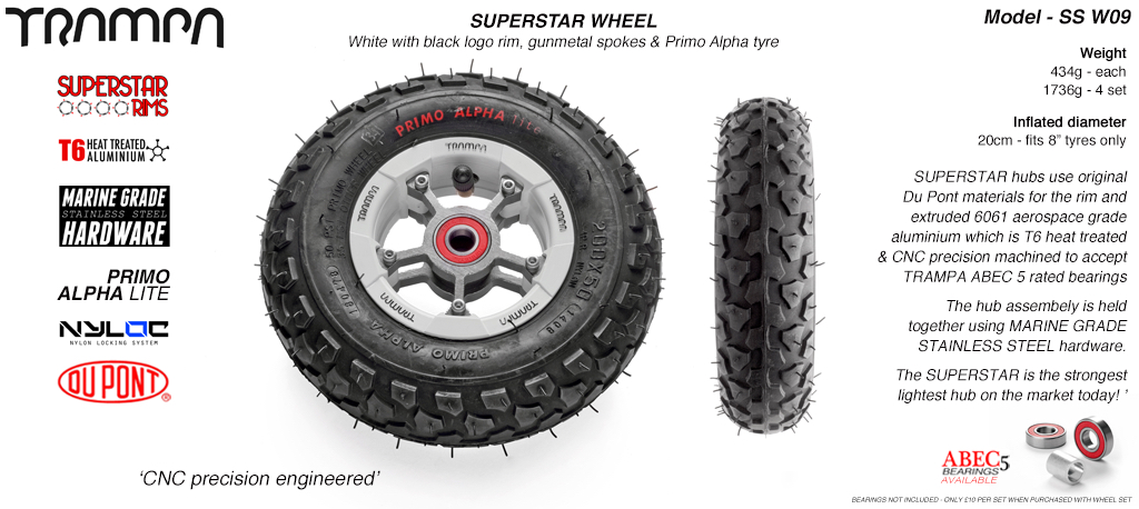 Superstar 8 inch wheel - White Gloss Rim with Gunmetal Anodised spokes & Black Alpha 8 Inch Tyres