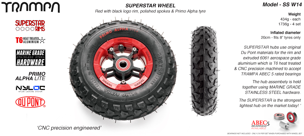 Superstar 8 inch wheel - Red Gloss Rim with Black Anodised Spokes & Black Alpha 8 Inch Tyres