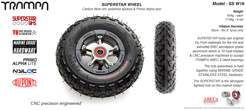 Superstar 8 inch wheel - Carbon Print Rim with Silver Anodised spokes & Black Alpha 8 Inch Tyres
