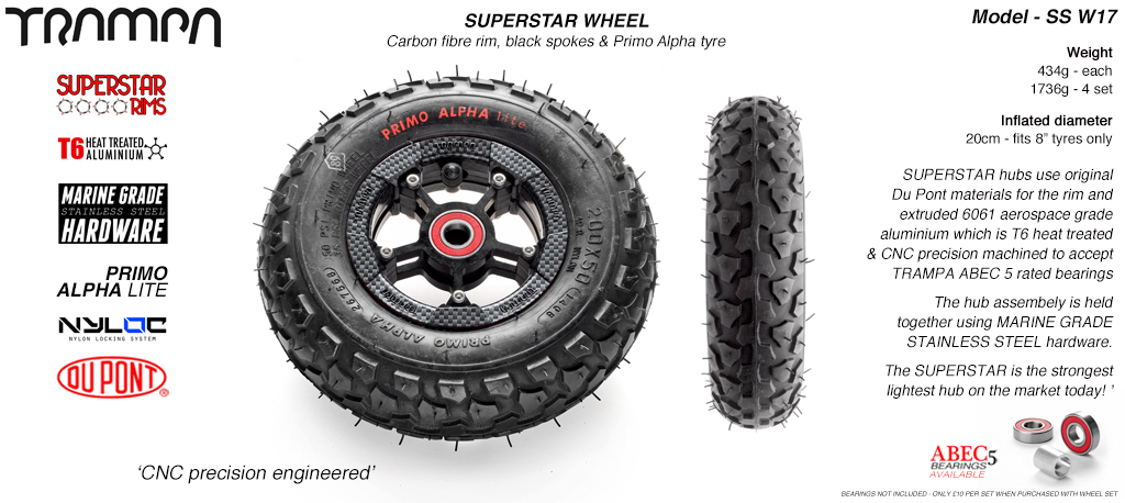 Superstar 8 inch wheel - Carbon Print Rim with Black Anodised spokes & Black Alpha 8 Inch Tyres