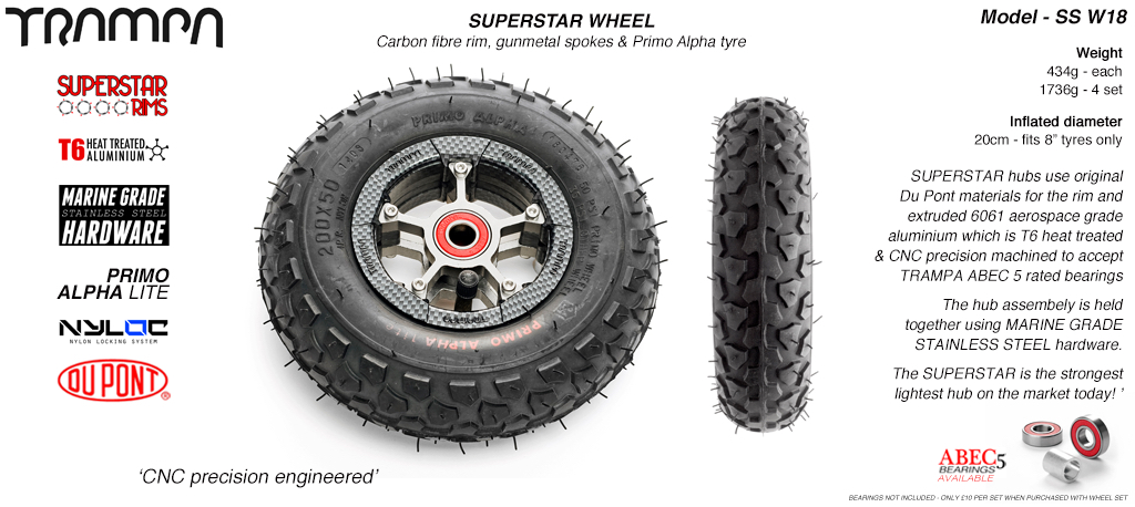Superstar 8 inch wheel - Carbon Rim with Gunmetal Anodised spokes & Black Alpha 8 Inch Tyres